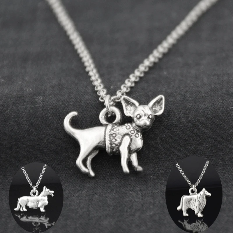 3 Styke Vintage Chihuahua & Corgi & Collie Dog Pendant Stainless Steel Chain Necklace  For Women Fashion Accessories jewelery