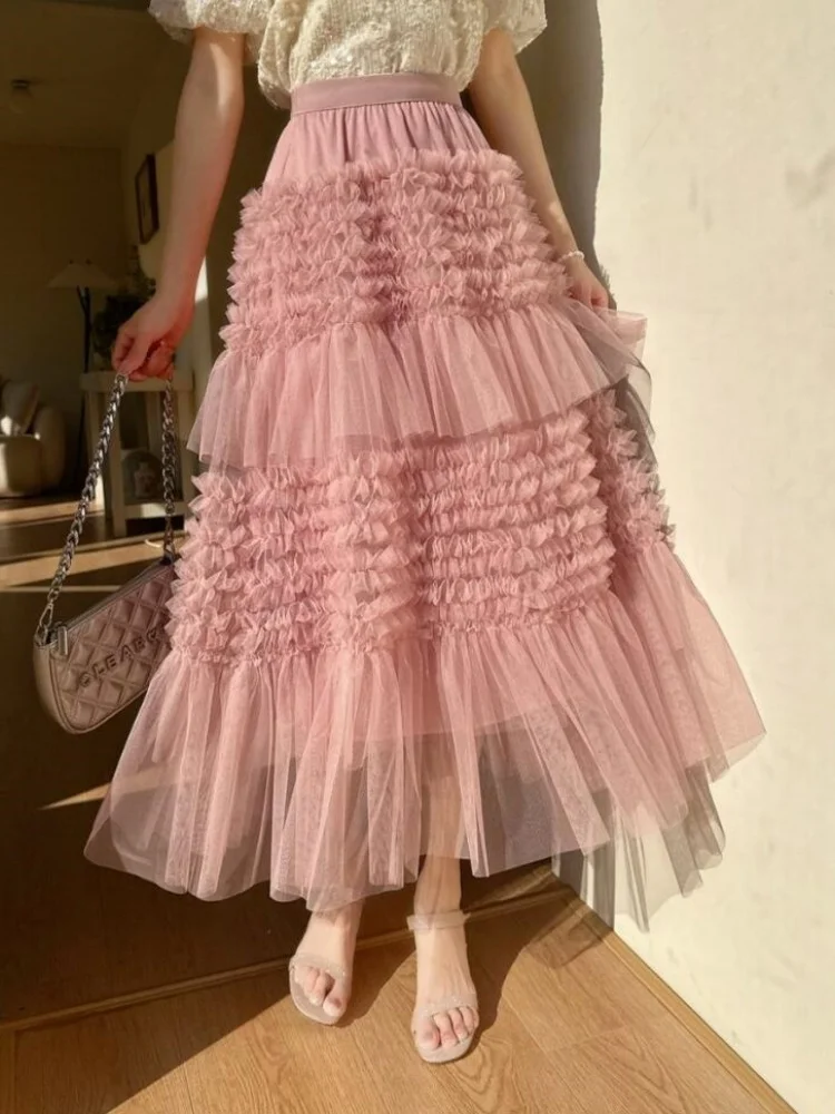 

SMTHMA 2025 New Spring/Summer High Waist French Vintage Cake Sweet Layered Skirt Women's Lace Puff Mesh Half Body Skirt
