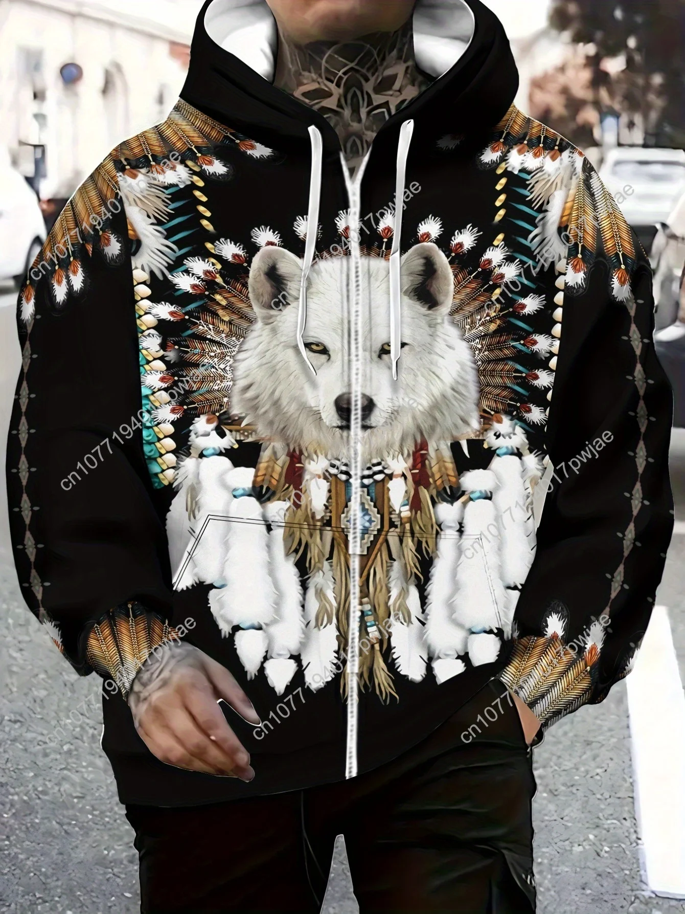 Boné masculino de manga comprida com zíper, moletom estiloso com design de lobo para atividades ao ar livre, cor preta com padrões vibrantes, assim