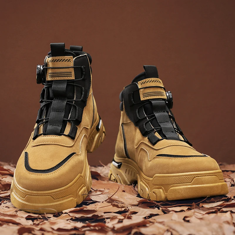 

Осенне-зимние желтые мужские ботильоны, уличные мужские мотоциклетные ботинки, рабочие ботинки на платформе, мужские высокие байкерские туфли для мужчин