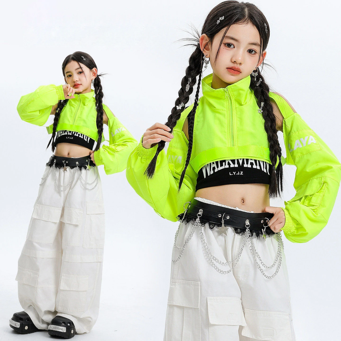 Ropa Hip Hop Kpop para Niñas, Top Corto Verde con Hombros Descubiertos, Pantalones Cargo Anchos Blancos con Múltiples Bolsillos, Traje de Baile Urbano