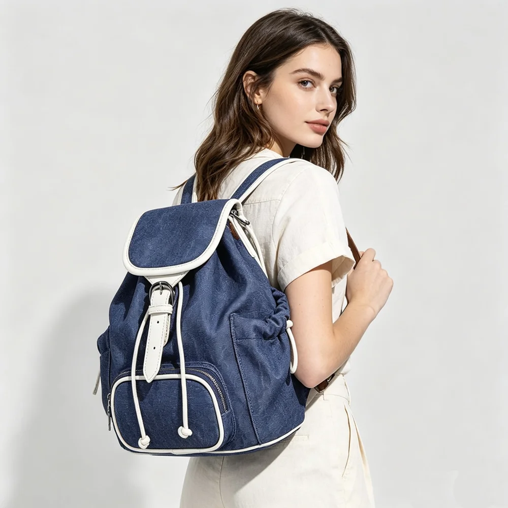 Korean-Style Striped Drawstring Backpack, Casual Versatile Backpack for Commuting, Travel 2026 New Fashion Women's Bag, Autumn and Winter Back-To-School Season Canvas Casual School Bag, Convertible to Shoulder Bag and Crossbody Bag, Artistic Retro Anti-Theft Laptop Backpack