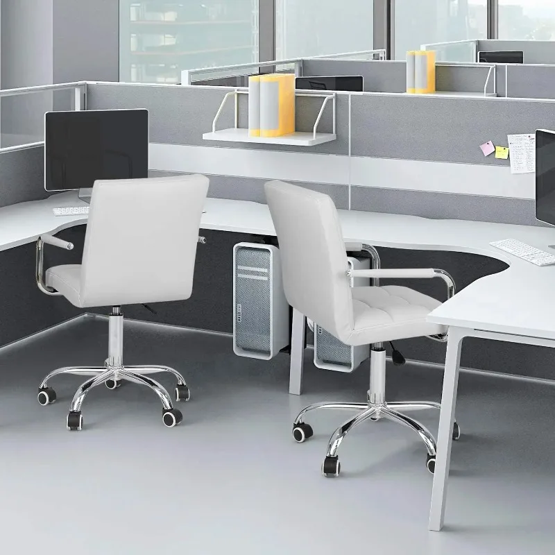 

Desk Modern Office Chair with Wheels Vanity Chair PU Leather Mid-Back Rolling Cute for Office, Teen, and Bedroom Desks (White)