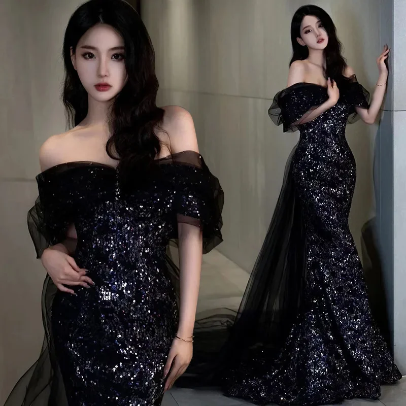 

Fishtail Banquet Evening Dress 2023 New French Light Luxury Small Group Style Walk Show Performance Dress Off Shoulder Dress