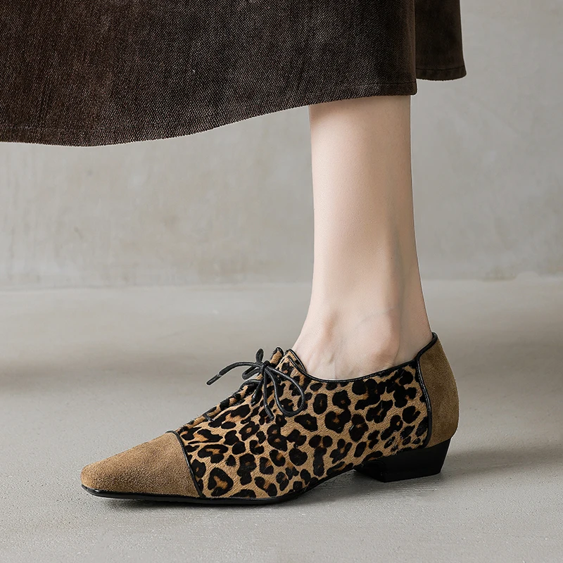 

Genuine Leather Sheepskin Suede+Horsehair Women shoes, Patchwork Square Toe Lace-up Women's Oxford Shoes