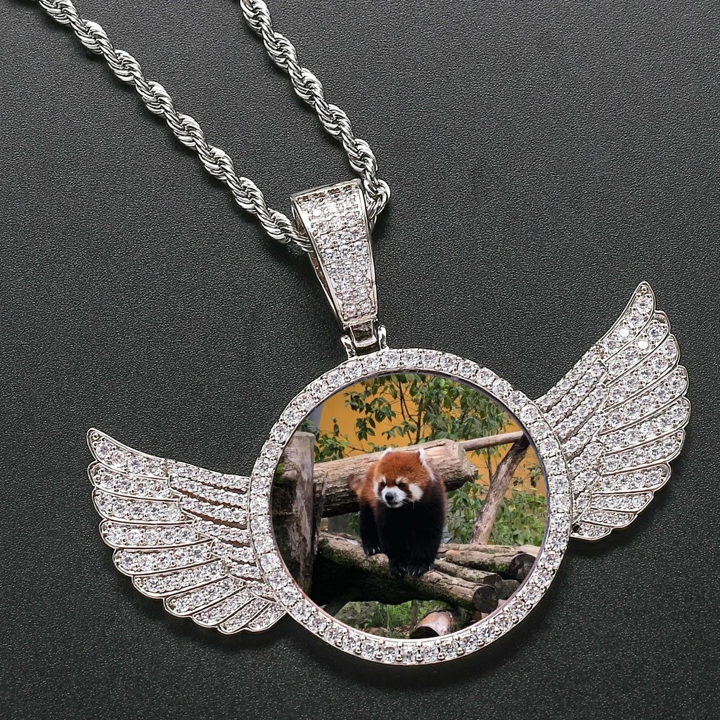 

Ailodo Hip Hop Custom Photo Necklace For Women Men Punk AAAAA+ Cubic Zirconia Iced Out Wing Memorial Picture Frame Necklace Gift