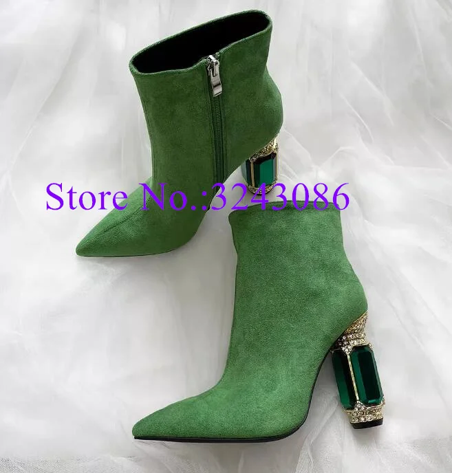 Green Suede Green Crystal Chunky Heel Lady Ankle Boots Sexy 10cm Gemstone Embellished Heels Woman Short Boots