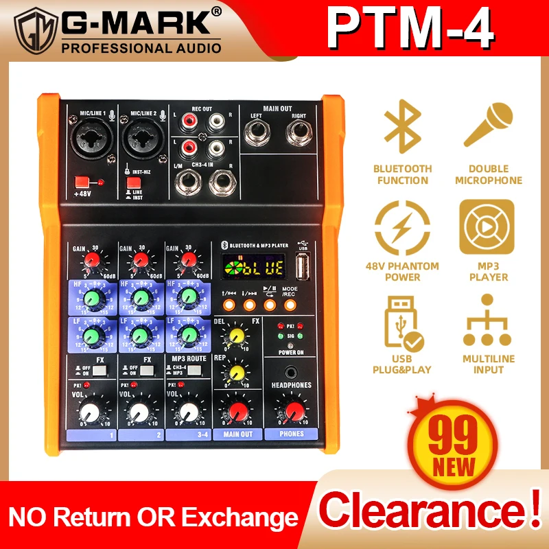 

99 New , G-MARK PTM-4 Sound Board Mixer 4 Channel Bluetooth 48V Phantom Power Mixing Console USB Interface For Party Studio Live