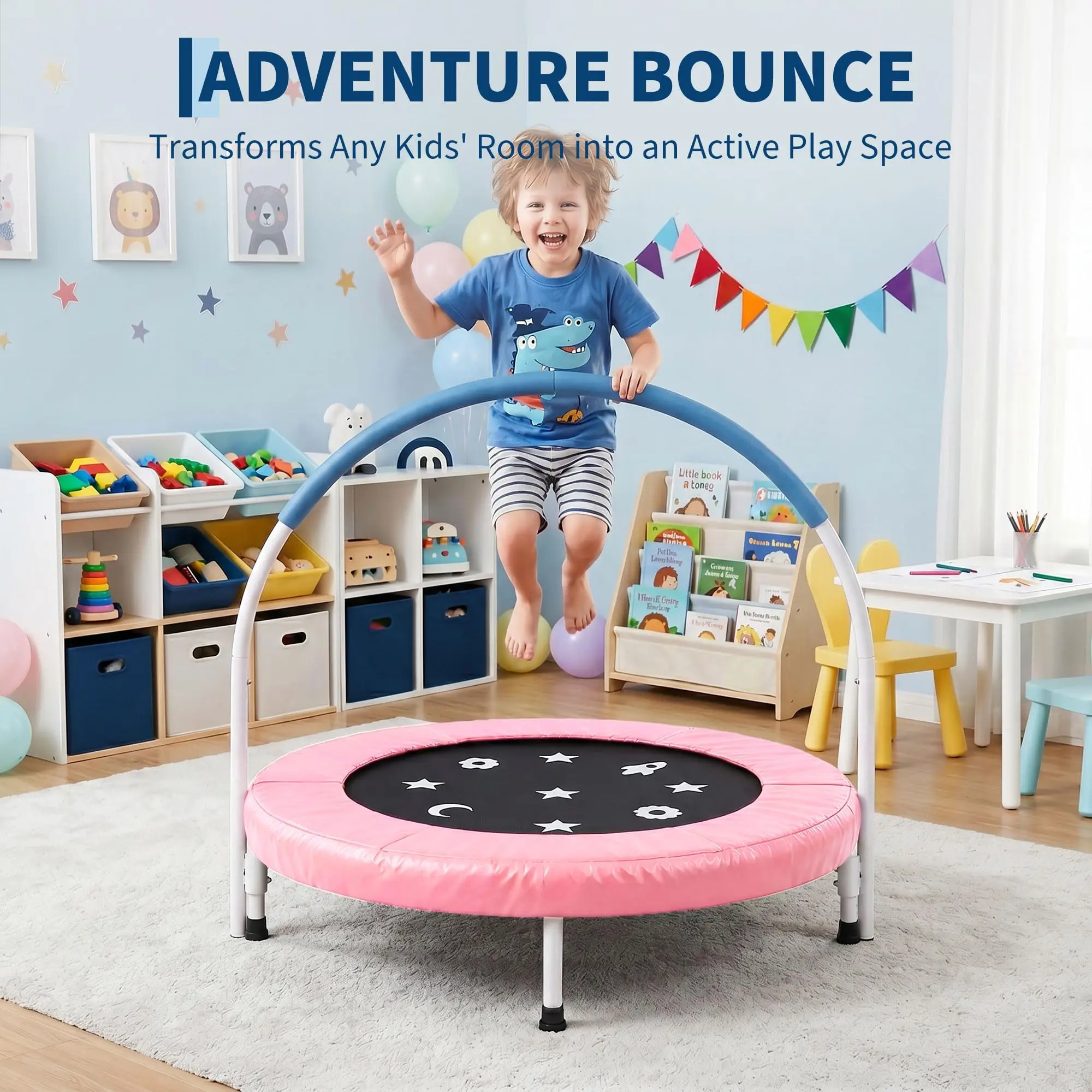 36 Inch Foldable Toddler Trampoline With Handle And Safety Pad Soft Foam Grip For Kids Ages 3 To 6 Collapsible Space Saving Design Ideal Gift For Indoor And Outdoor Use