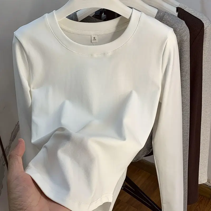 2024 Spring and Autumn Cotton Crew Neck Pure White Long Sleeve T-Shirt Grind Slim Thread Solid Color Bottom Shirt Ins Tide