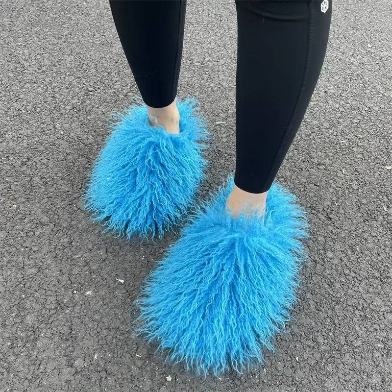 Women Autumn Winter Furry Fur Slippers Fluffy Faux Mongolian Fur Slides Warm Plush Slippers Fuzzy Flip Flops Luxury Woman Shoes