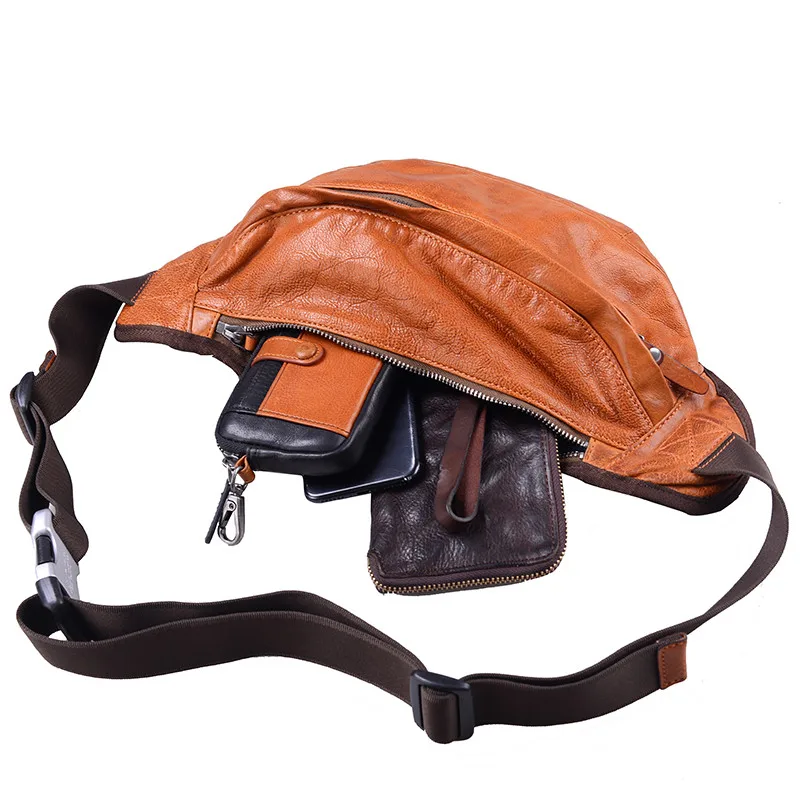 Fashion retro high-quality genuine leather men's multifunctional chest bag weekend messenger bag luxury real cowhide waist pack