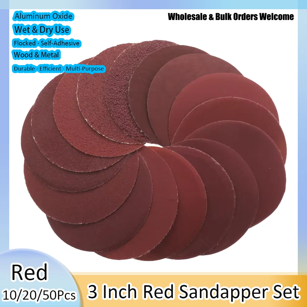 10/20/50PCS 3 Inch Red Sandpaper Set Aluminum Oxide Sanding Sheets for Wood & Metal Polishing Grinding Sandpaper Assortment