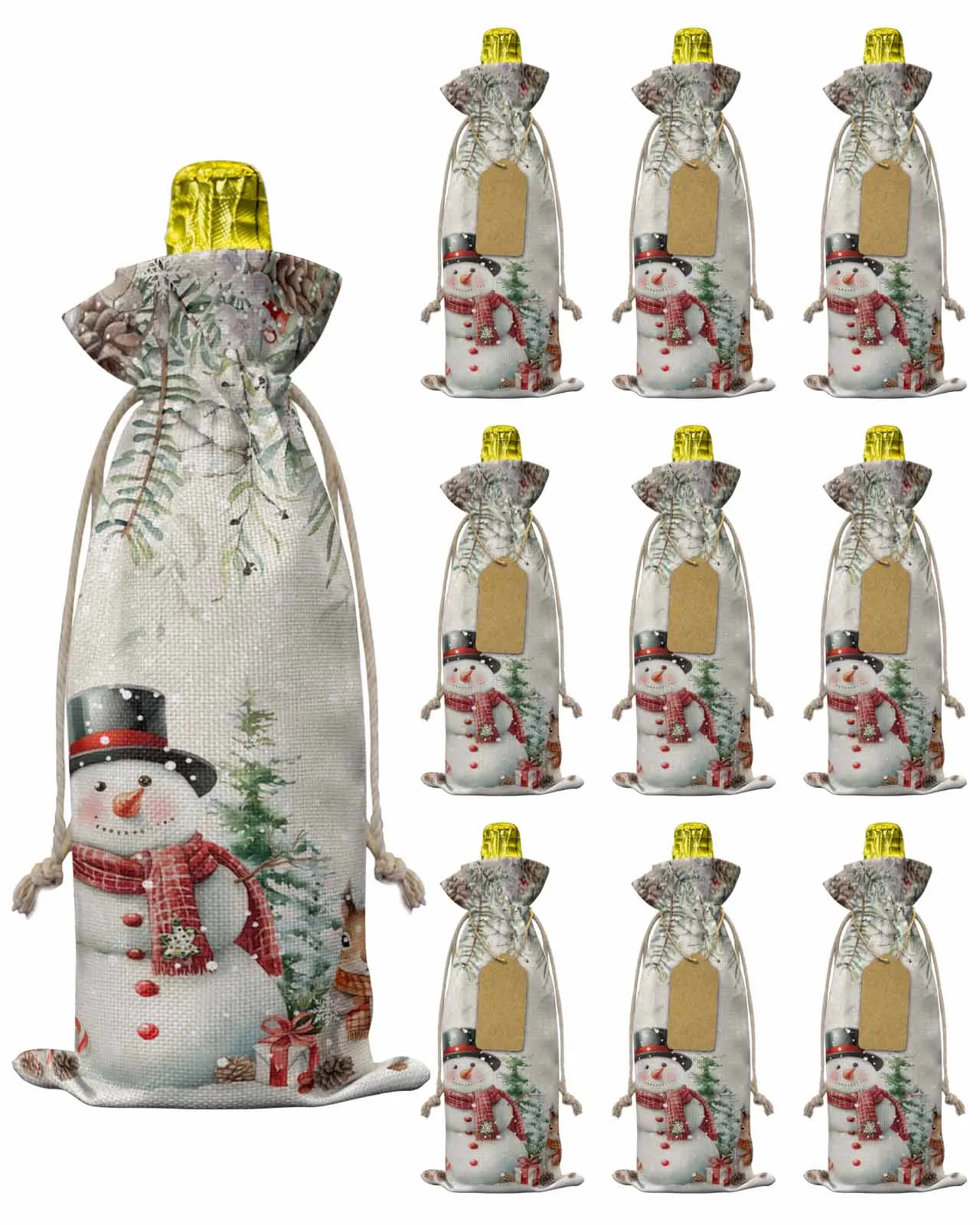 10pcs Snowman Christmas Tree SquirrelWine Bottle Bag with Drawstring Festive Party Decor Wine Bottle Covers Gift