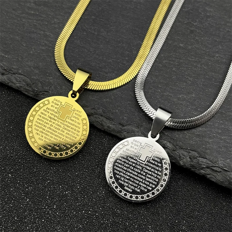 

Cross Bible Medallion Necklace for Women Men Stainless Steel Gold Silver Color Catholic Medallion Pendant Necklaces Jewelry