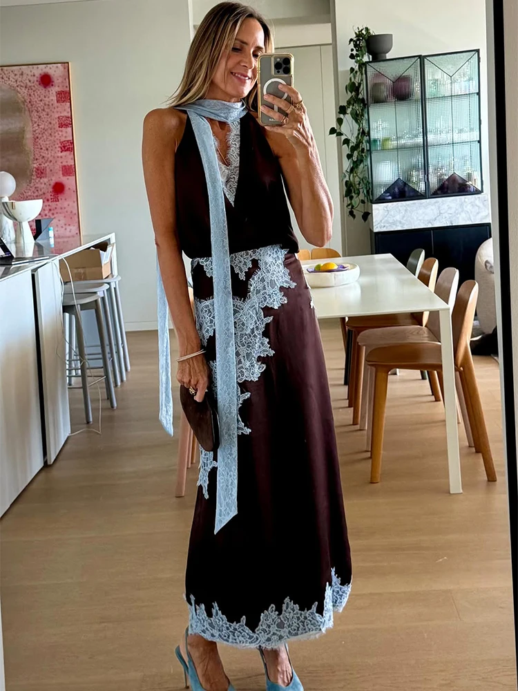 

Trendix Women's Sleeveless Satin Dress Sets 2026 New Lace Up Patchwork Crop Tops Party Ruffle Lace Elegant Skirt 2 Piece Suits