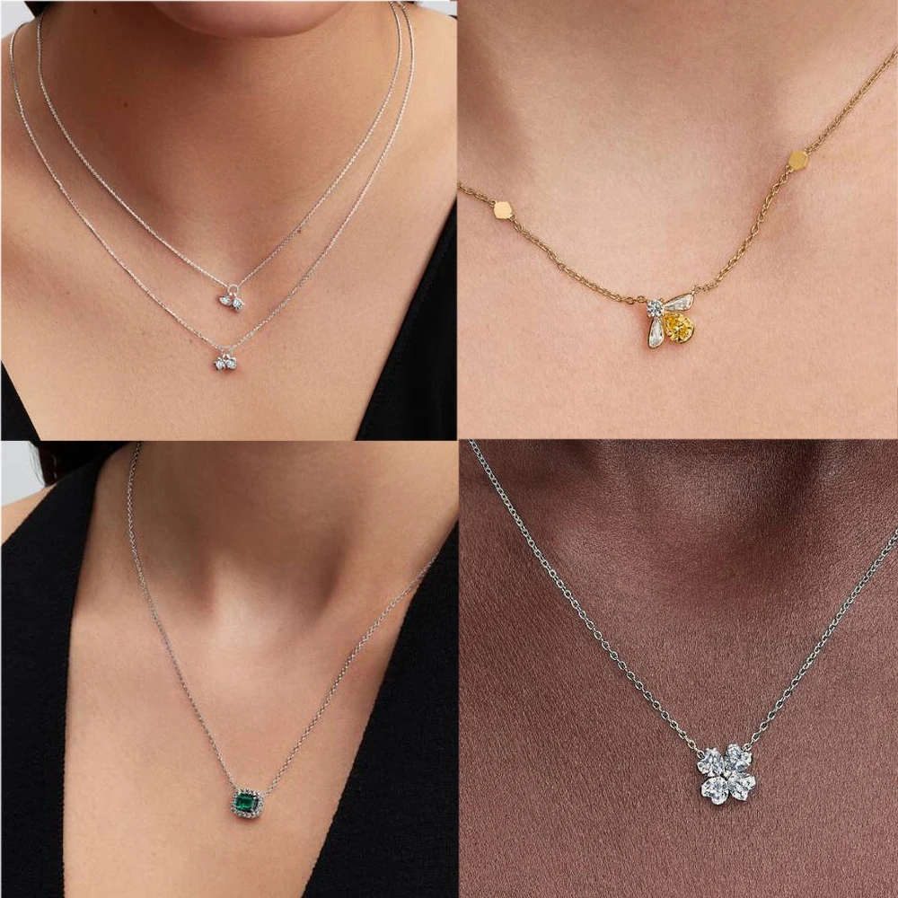 Lucky Series 925 Sterling Silver Clover&Butterfly Heart&Little Bee Necklace Girlfriend Love Gift Jewelry view 2