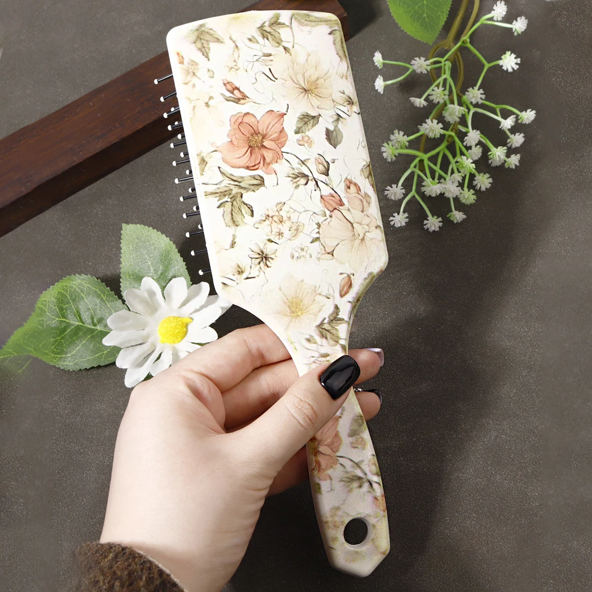 فرشاة شعر بنمط الأزهار، فرشاة شعر نايلون مضادة للكهرباء الساكنة، مقبض بلاستيكي ABS متين، هدية، خاصة لشعر مستعار حقيقي