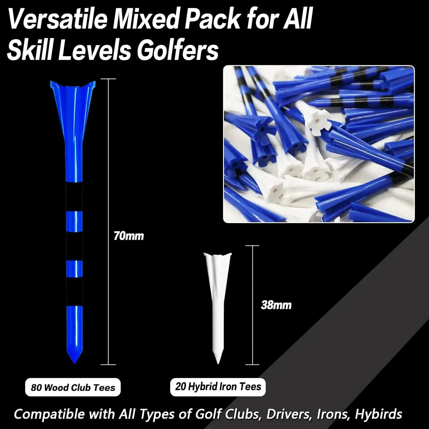 Golf Tees Plastic 5-Prongs Marking System 80 Driver Tees with 20 Iron Hybrid Tees Mixed 100 Pcs/Set Low Friction Resistance