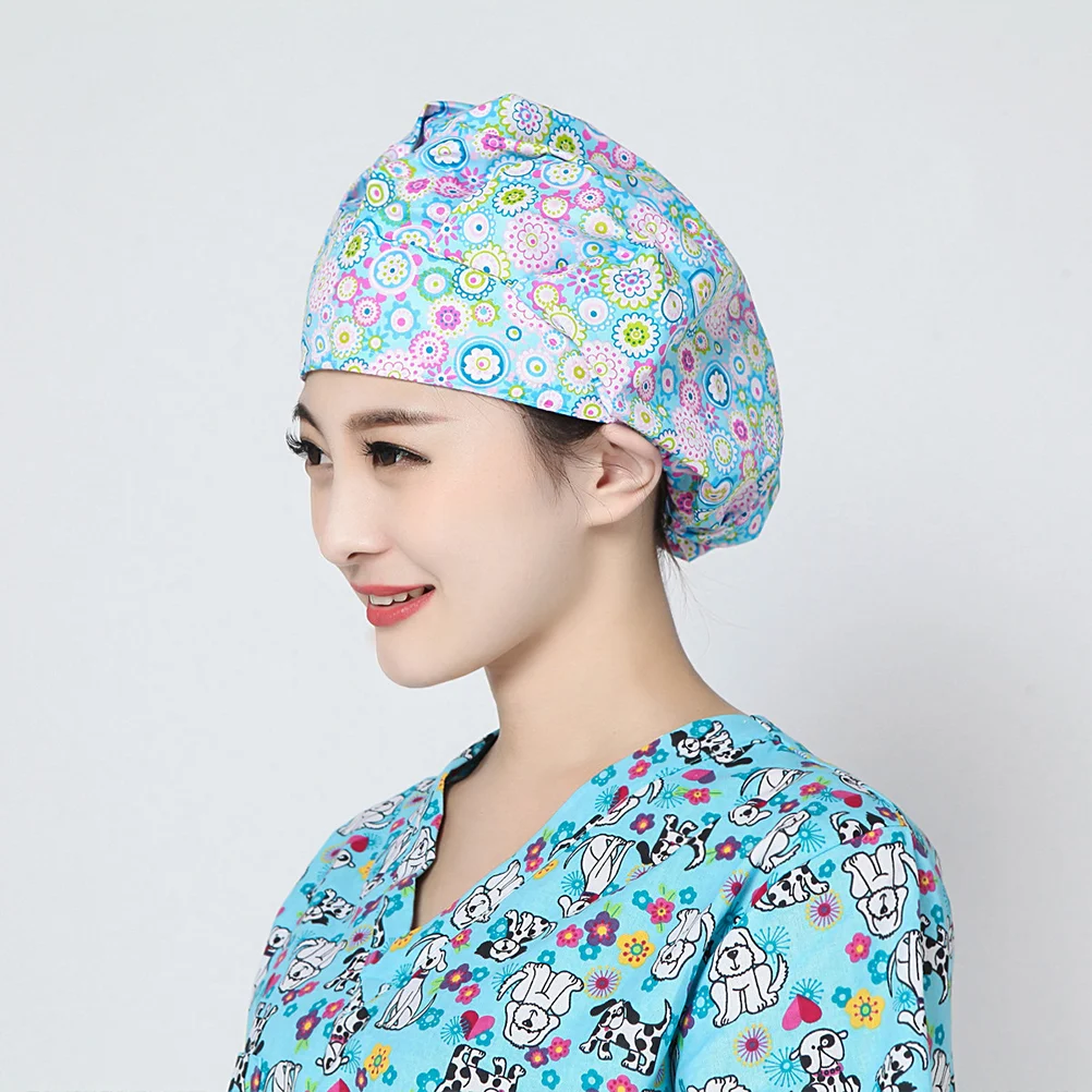 Beautiful Working Blue Flower Printed Chef Hat Creative Nurse Doctor Hat Cotton Operating Operating Room Cap