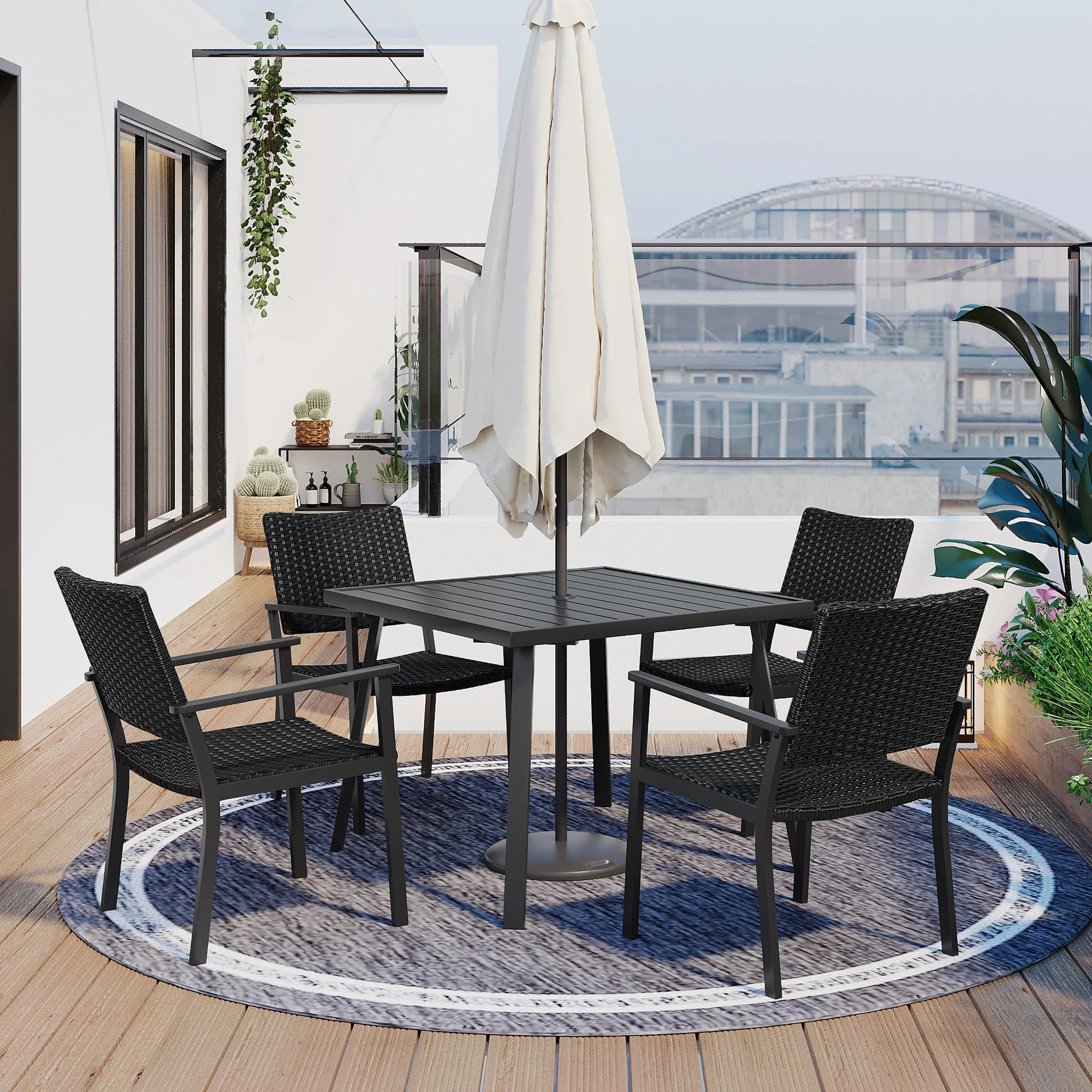 Outdoor Furniture Set Outdoor Patio PE Wicker 5-Piece Dining Table Set with Umbrella Hole and 4 Dining Chairs for Garden, Deck