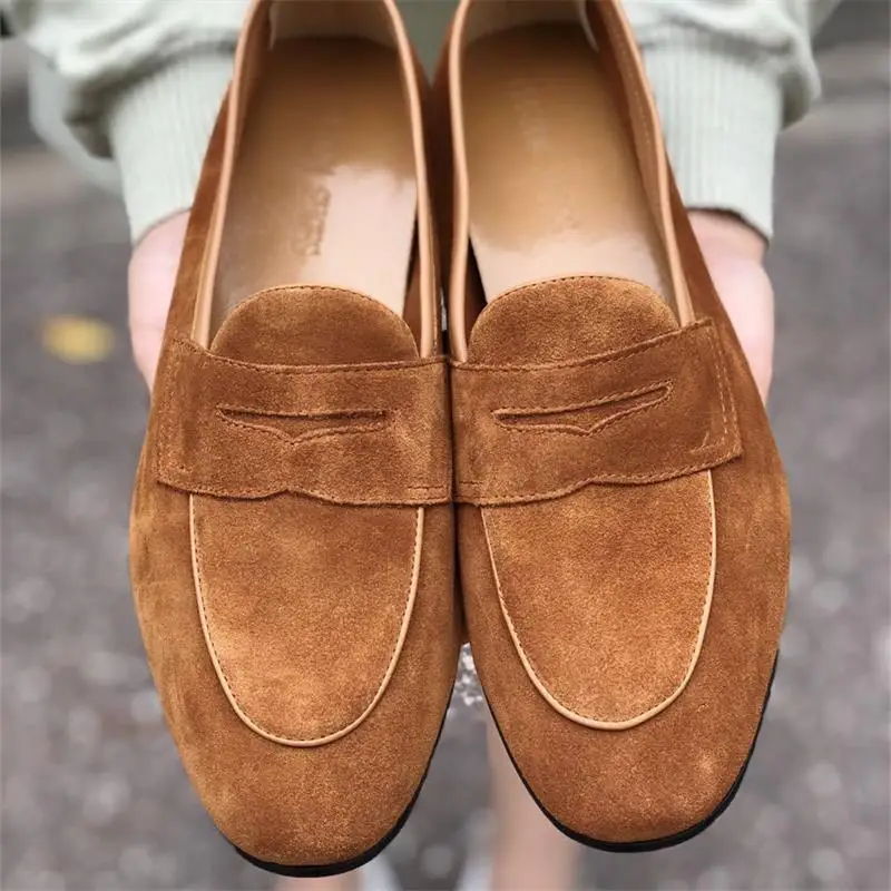 Men Loafers Handmade Suede Round Toe Low Heel Mask Slip on Business Casual Party Classic Comfort Dress Shoes