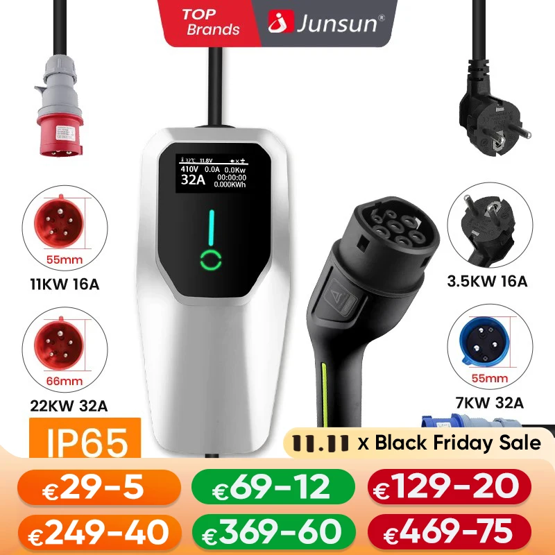 Junsun Portable EV charger Type2 IEC62196-2 Wallbox 3.5KW to 22KW 6A to 32A 4Meters IP65 for Tesla Kia Hyundai Nissan Dacia