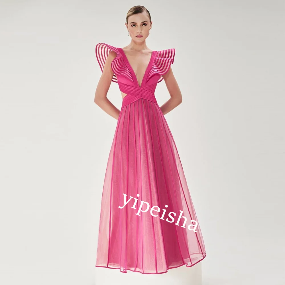 Jiayigong  Ball   Net Pleat Homecoming A-line V-neck Bespoke Occasion Gown Long es Saudi Arabia