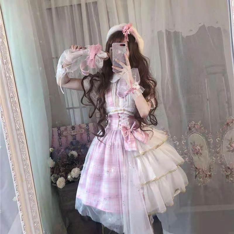 

Japanese Sweet Plaid Patchwork Gauze Dress Y2K Aesthetic Jsk Bandage Grunge Dresses Harajuku Lolita Irregular Cute Vestidos