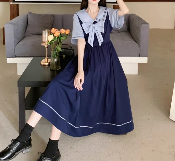 الصيف حجم كبير الحلو القوس البحرية طوق الحد من العمر فستان طويل كلية قصيرة الأكمام الربط وهمية اثنين فساتين اليابانية لطيف #2