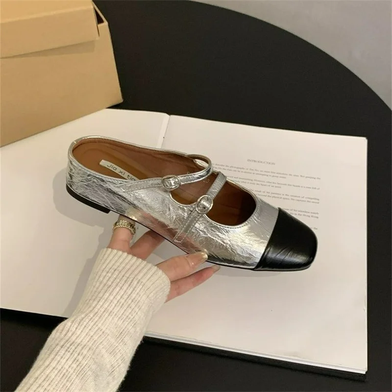 Female Shoes Slippers Flat Shallow Slides 2024 Silver Mary Janes Shoes Woman's Slippers Shallow Slides Silver 2024 Flat Mary