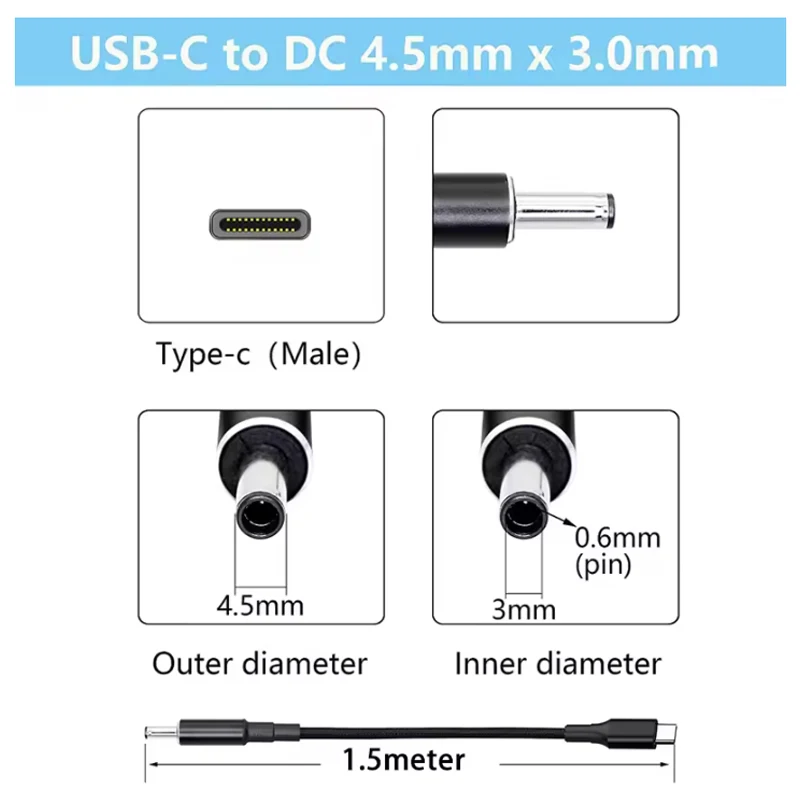 MEIRYFA DC-adapterkabel – 4,5x3,0 Mm Stekker Naar Bus – 15 Cm – 2 Stuks – Voor Laptop, Notebook En Voeding – Zwart, PVC Met Koperen Kern