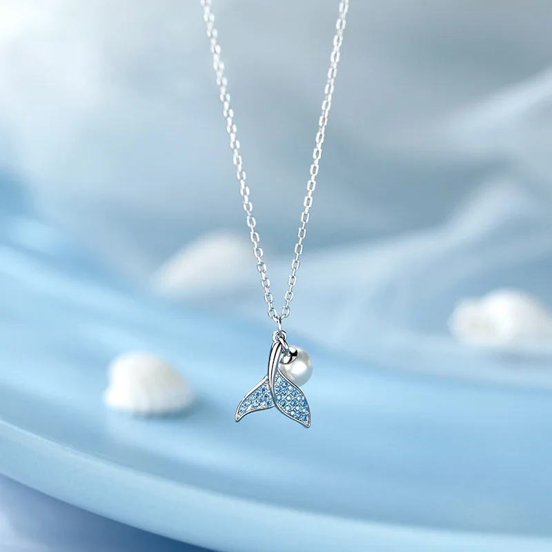 Neue Modische Blaue Fischschwanz-Perlen 925 Sterling Silber Fisch-Tiermotiv Schlüsselbein-Kette Halsketten XL212