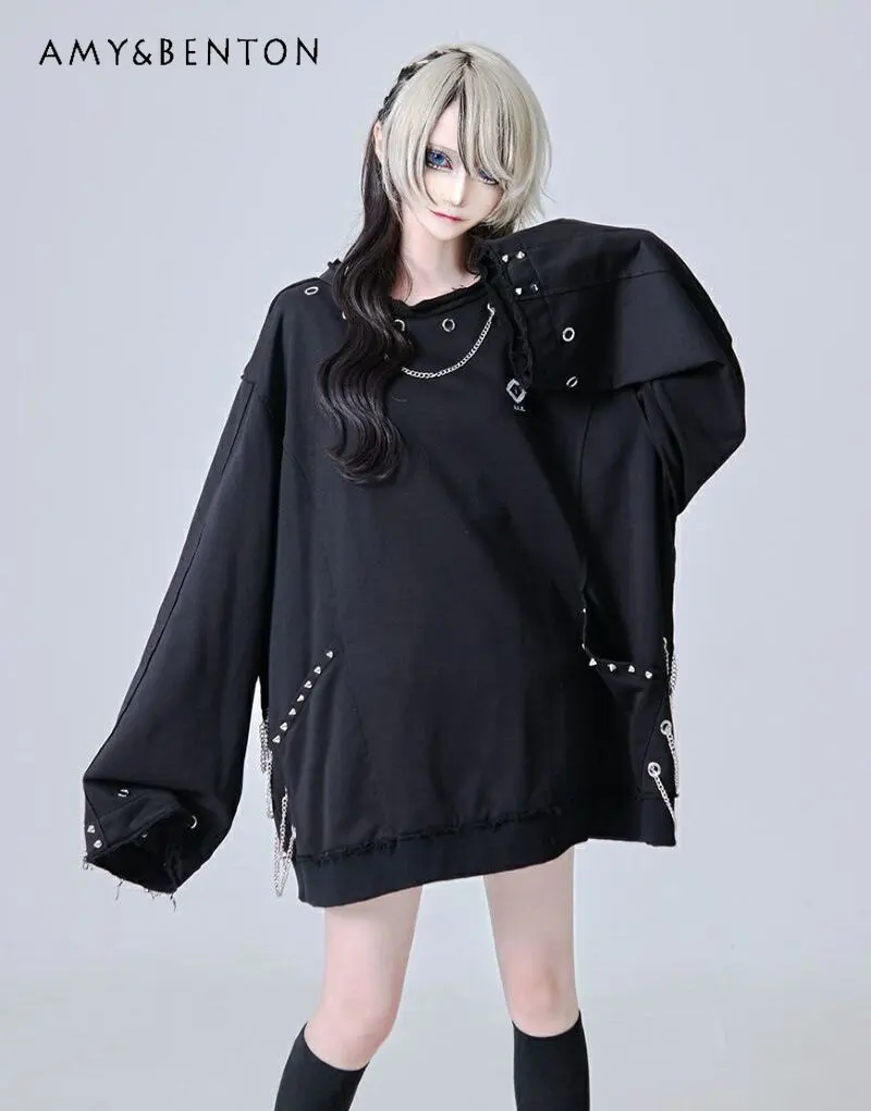 Japanese Mine Series Mass-Produced Subculture Dark Punk Vintage Chain Pendant Sweatshirt Punk Style Y2K Oversized Crew Neck Top