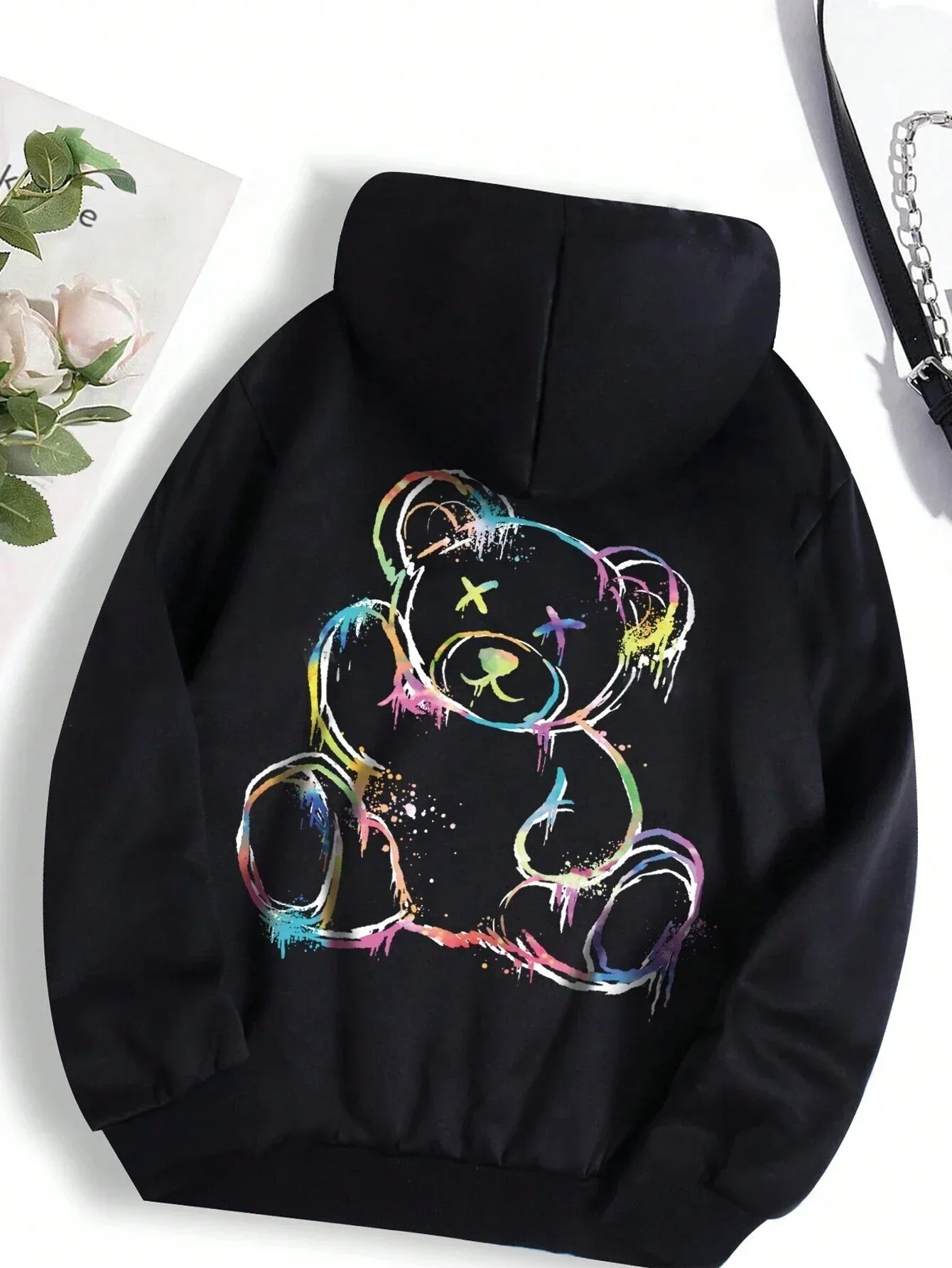 Cartoon Colorful Bear Printed Drawstring Hoodie Women\'s Casual Long Sleeve Fleece Hoodie Fashion High Street Y2K Women\'s Wear