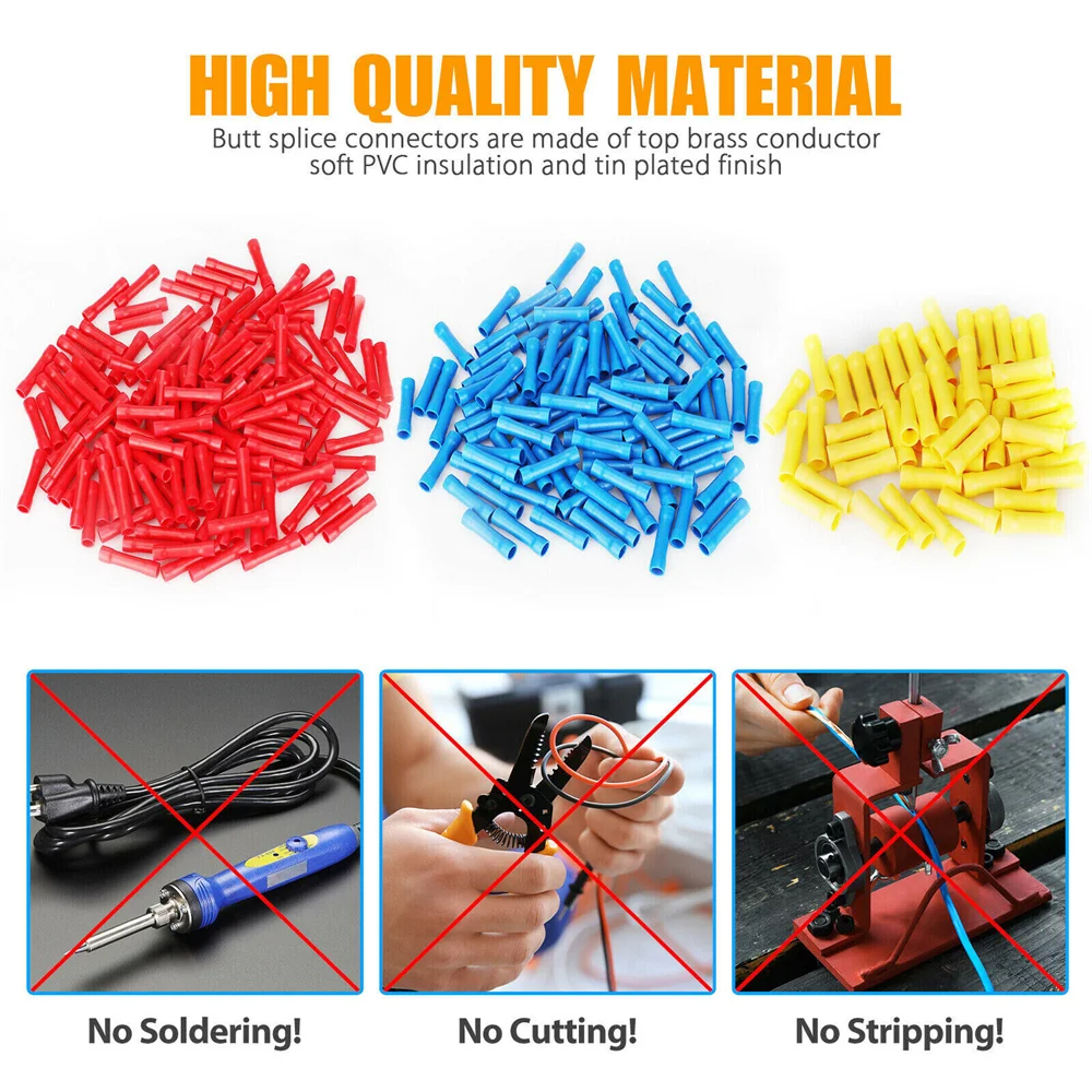 

100PCS Insulated Straight Electrical Wire Butt Connectors Crimp Splice Terminals