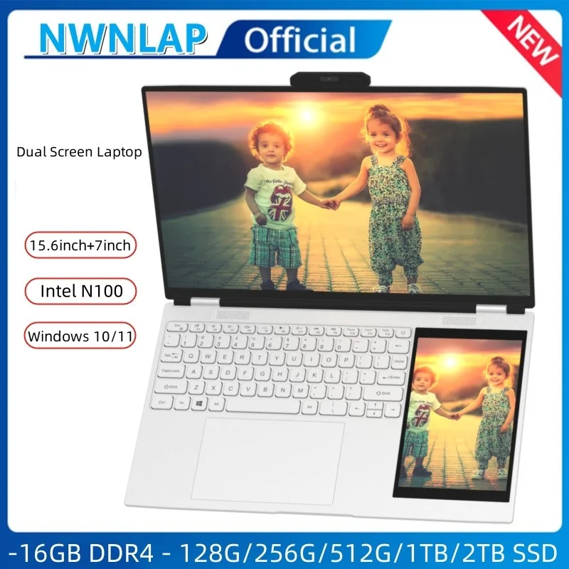 Dual Screen Laptop 15.6 Inch + 7 Inch Touch Screen Intel N100 Processor Gaming Laptop DDR4 16GB 128G -512G SSD Notebook Computer