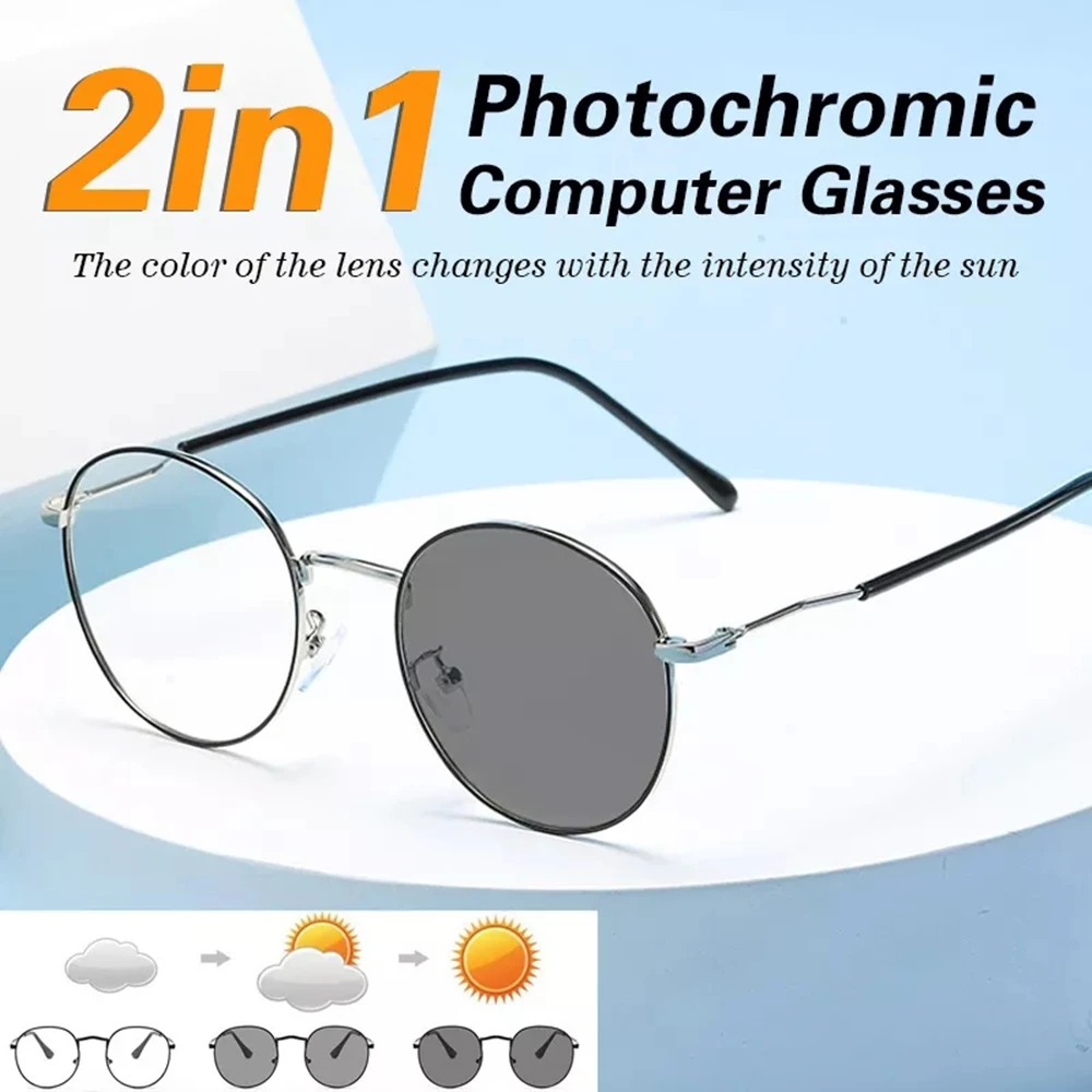 Okulary fotochromowe 2 w 1, damskie okulary przeciwsłoneczne, okulary niebieskie, okulary ze stopu, ramka UV400, okulary przeciwsłoneczne w stylu vintage