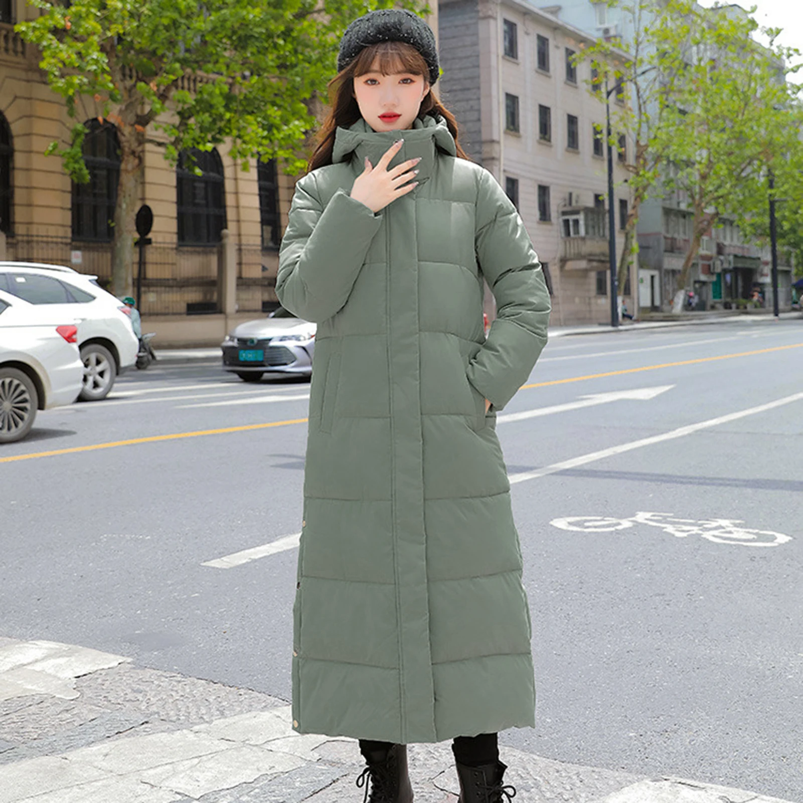 Thick Warm Jacket Stylish Women\'s Cotton Coat with Hood Long Sleeves Side Slit Hem Solid Color Down Jacket with for Outwear