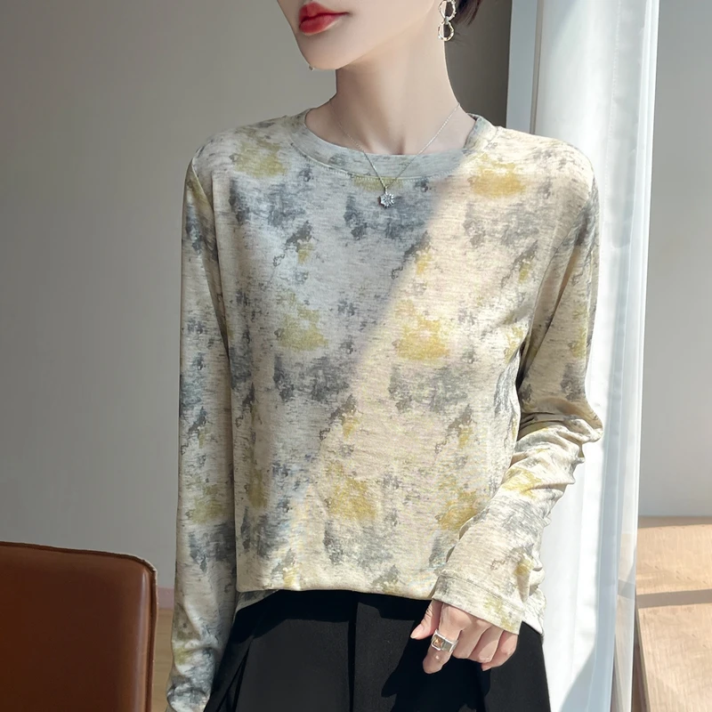 Spring And Autumn New Worsted Sweater Round Neck Bottoming Shirt Joker Long Sleeve Pullover Printing Long Sleeve