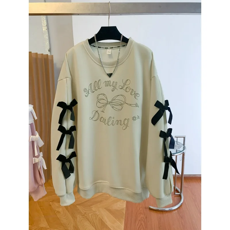 2025 Early Spring New Korean Style 3D Bow Round Neck Printed Long Sleeve Loose Versatile Sweet Chic Ins Sweatshirt