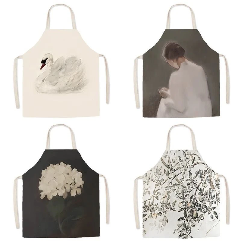 

Nordic Swan Ballet Art Linen Apron Home Adult Fashion Painting Cooking Waist Work Clothes