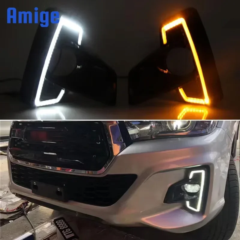 Car LED 12V Daytime Running Headlamps For Toyota Hilux Revo Rocco 2018 2019 2020 Daylights Yellow Turn Signal DRL Car Foglamps