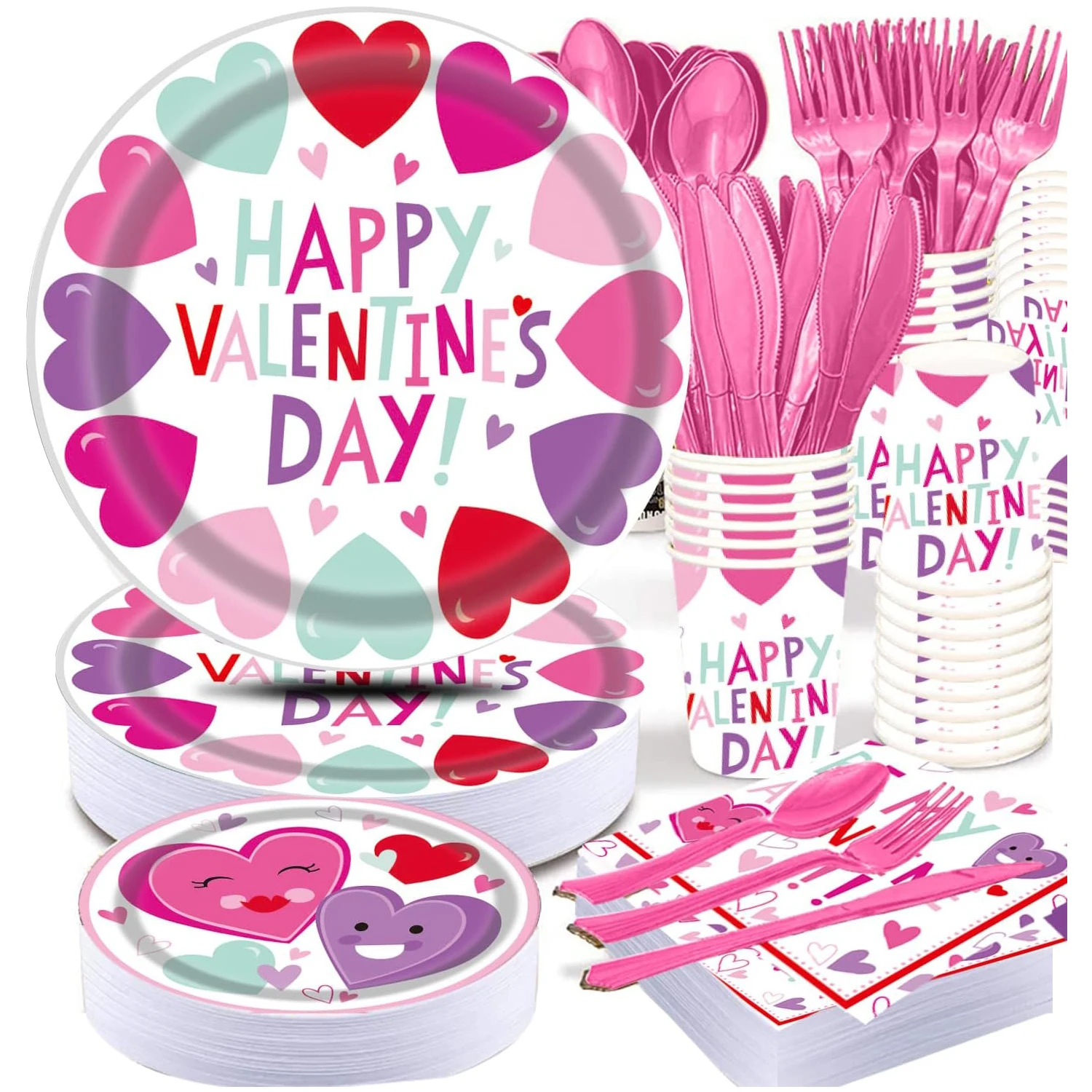 

Valentines Day Heart Tableware for Kids, 25 Set Disposable Dinnerware Set - Paper Plates Napkins Cups, tablecloths Pink Plastic