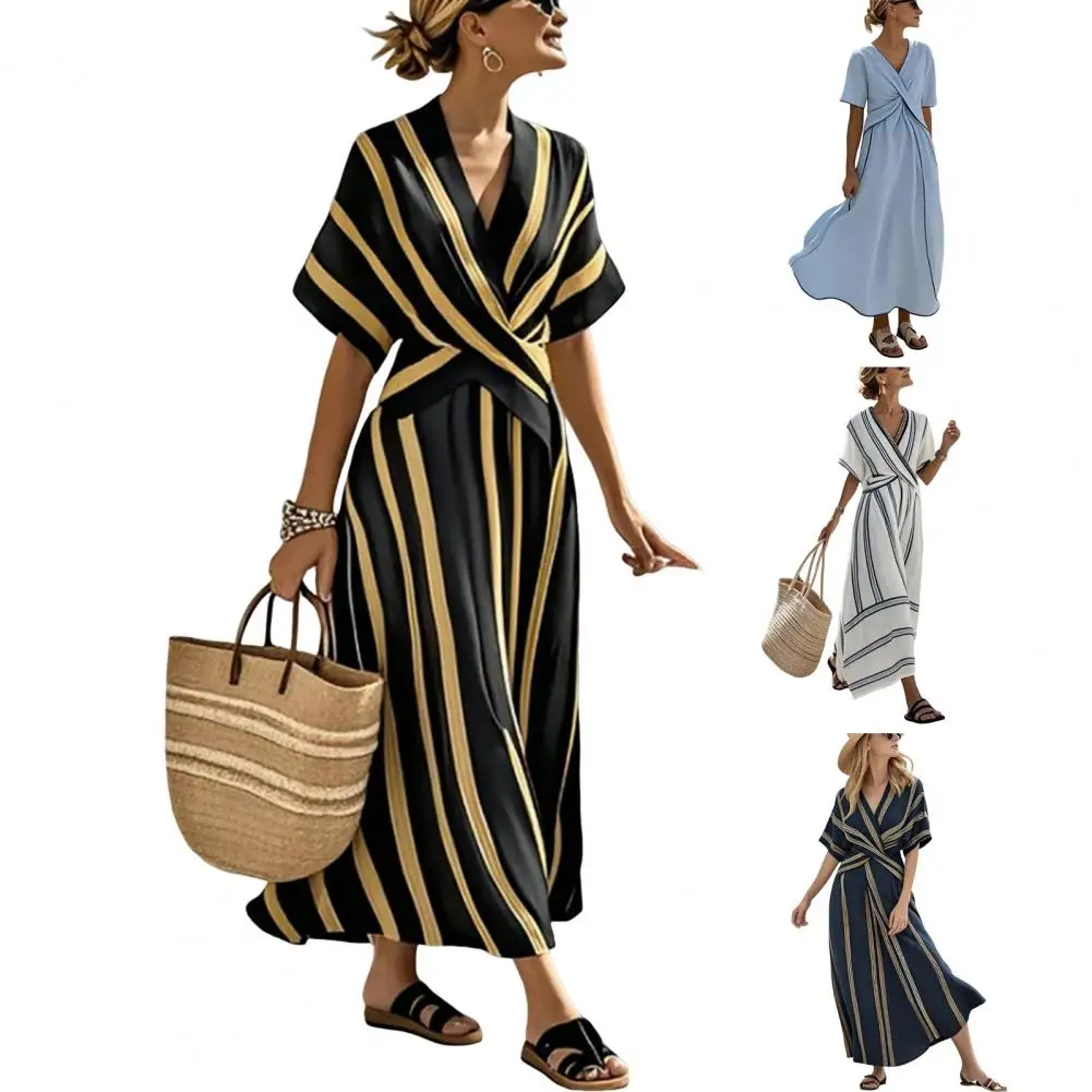 

Summer Slimming Long Dress Striped Short Sleeve V Neck Simple Style Casual Vacation Flowy A-line Sundress