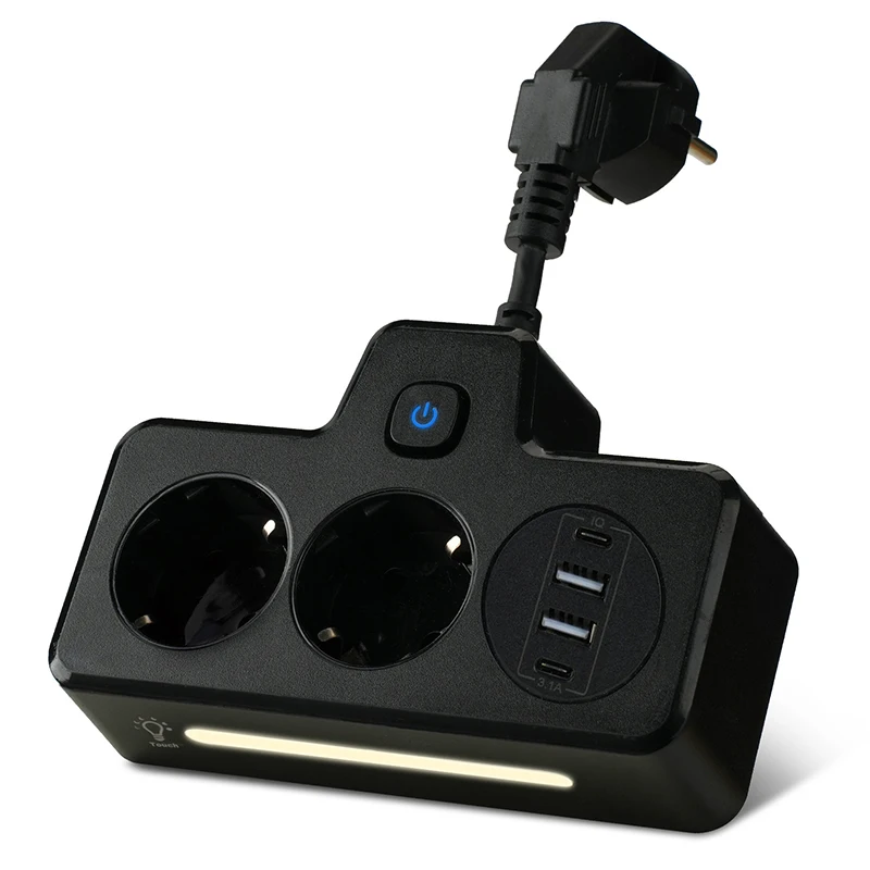 New 3250W 13A 250V European Style Plug Socket With USB And Type-C Port 2 Outlets Power Strip For Multiple Applications