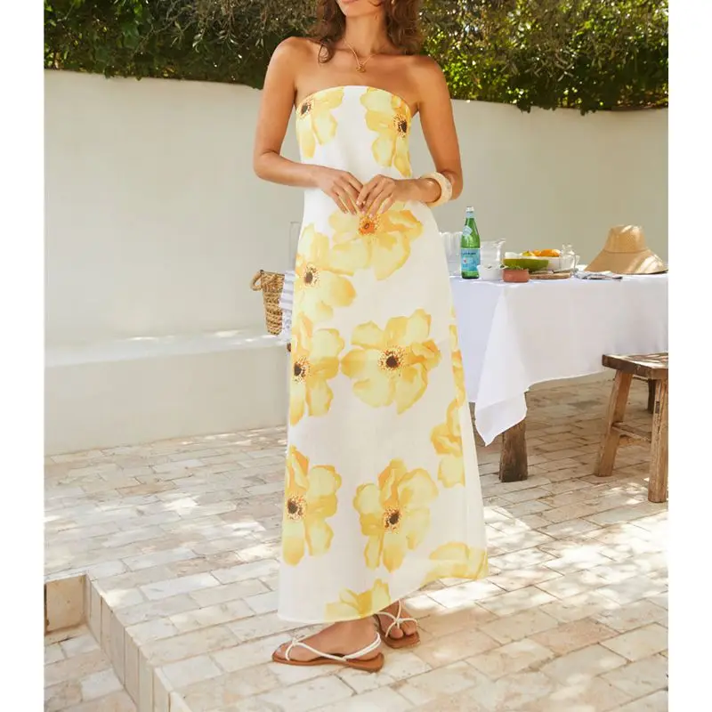Women Summer Boho Beachwear Aesthetic Floral Print Strapless Off Shoulder Backless A-line Tube Long Dress Streetwear