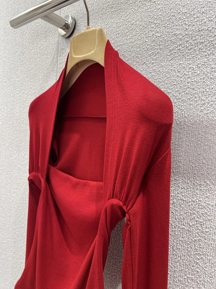 

Spring Summer New Square Hallet neck Slim fit Pure cotton Material Women's Fashion Red Knitted Sweater