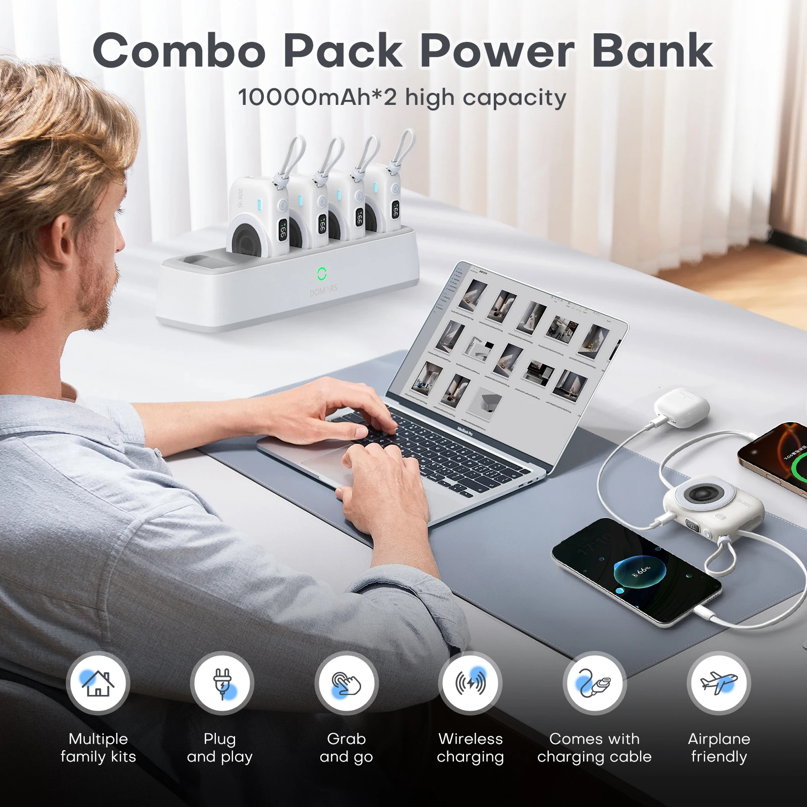 Domars Shared Power Bank 5pcs 10000mAh Magnetic Portable Battery Fast Charging Built-in Data Cable CCC Certified for Office