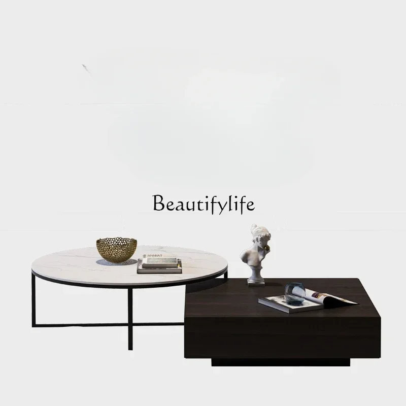 

BJ A Modern Light Luxury Coffee Table Simple Stone Plate Round Tea Table Italian Living Room Minimalist Square Coffee Table